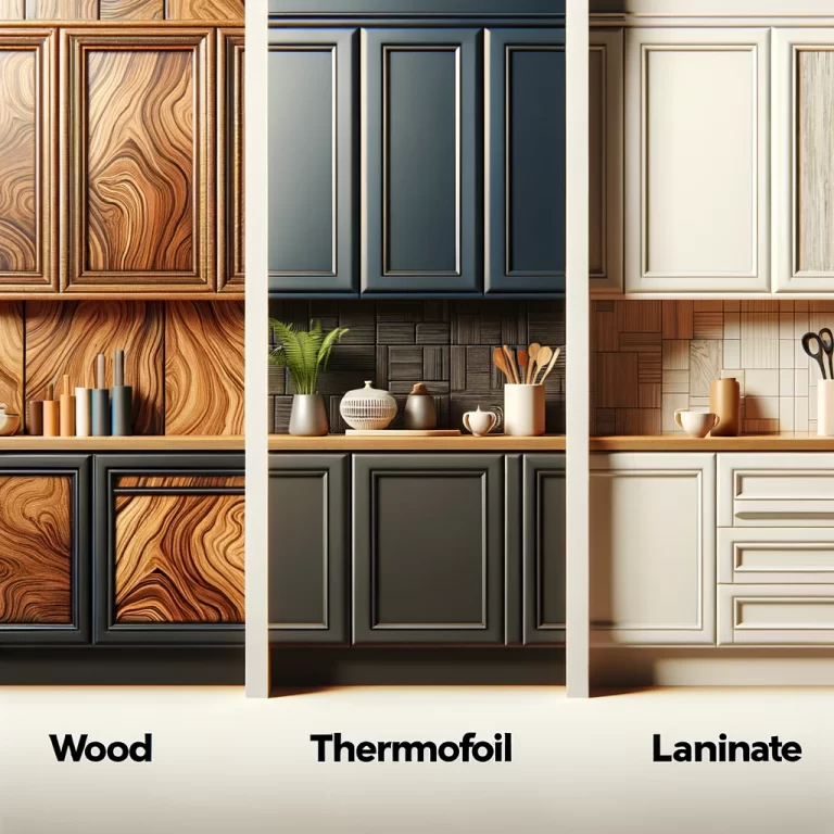 Wood Vs Thermofoil Vs Laminate Choosing The Right Cabinetry Material   DALL·E 2024 02 12 09.42.43 Create An Image That Features Three Distinct Sections Each Dedicated To One Of The Cabinetry Materials  Wood Thermofoil And Laminate. For Wood Sho 768x768.webp